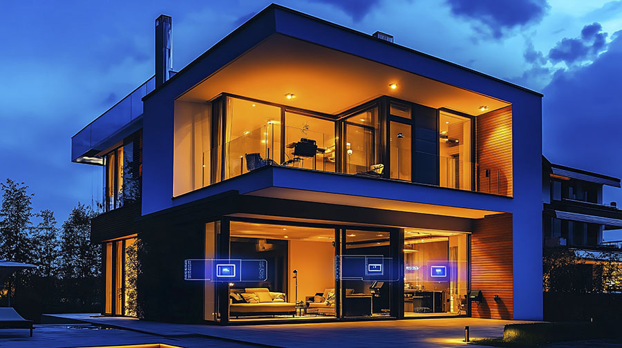 Modern smart home illuminated at night. imagen de casa moderna